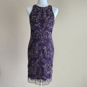 Adrianna Papell Beaded Purple Sleveless Chiffon Dress Size 2
